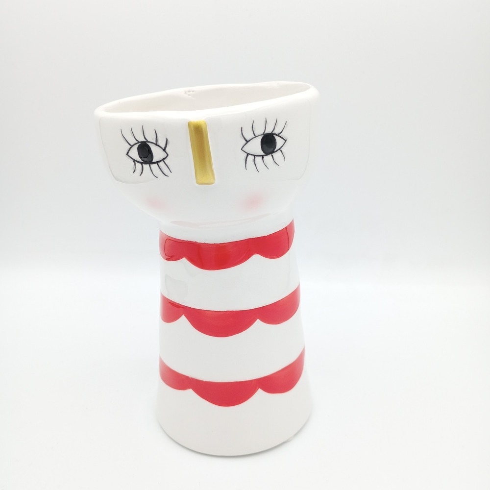 Ceramic Face Pedestal Planter Vase Quirky Fun Red Scallops
